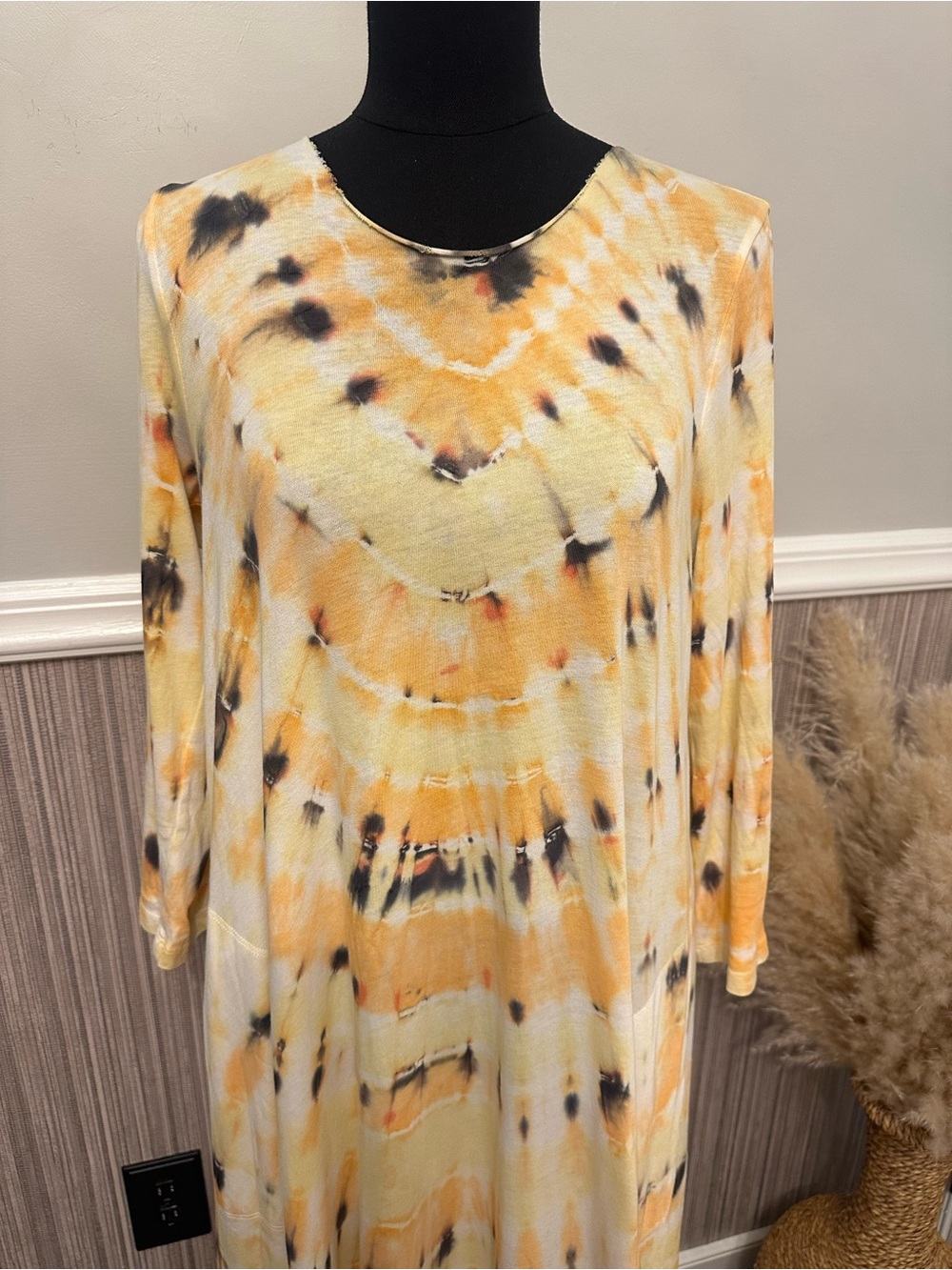 Raquel Allegra Size 2 Tie Dye Maxi Dress Yellow Black Long Sleeve Cotton - Picture 7 of 11